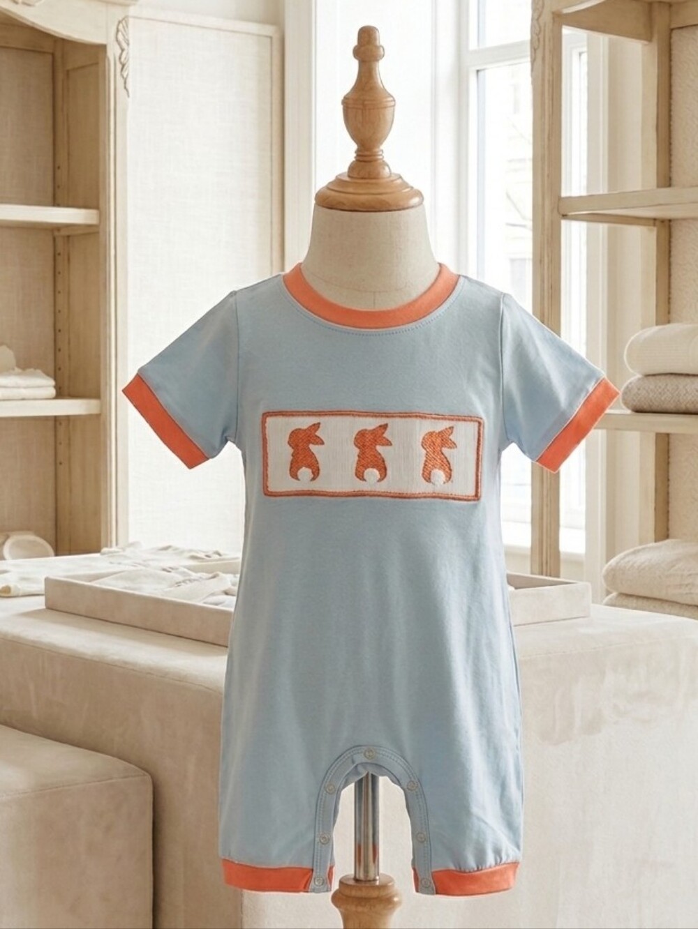 Marie Nicole Baby Blue & Orange Smocked Bunny Romper Sz 6-12M